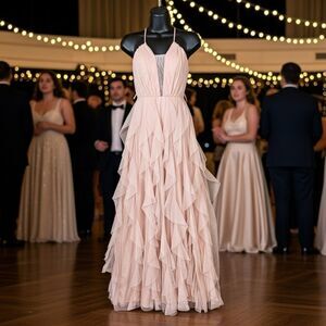 Social Couture Maxi Ruffle HOCO Dress Size 1/2 Missing Belt Powder Pink Tulle